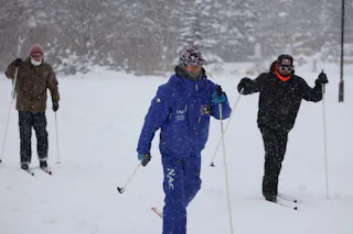 Three people are cross-country skiing through a snowy landscape, dressed in winter clothing including jackets, hats, and gloves. Snow is falling, and trees can be seen in the blurry background.
