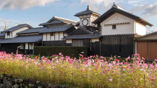 Traditional Japanese buildings with tiled roofs and a clock tower stand behind a vibrant flower garden filled with pink and white blossoms under a partly cloudy sky.