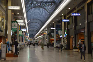A covered shopping street in Japan with shops, signs, and people walking; high arched glass ceiling and bright lights illuminate the spacious walkway.