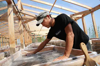 A person in a black t-shirt and cap works with their hands in a shallow, clear water tank inside a wooden structure with a transparent roof, possibly involved in traditional food or craft production.