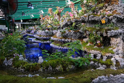 Indoor botanical garden with rocky ledges, lush green plants, and small flowers surrounding a blue-lit pond under a green roof with visible lights and fans.