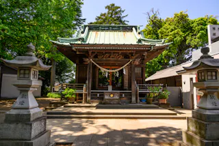 A traditional Japanese Shinto shrine with a green roof, wooden structure, and decorative elements, flanked by two stone lanterns, surrounded by trees on a sunny day.
