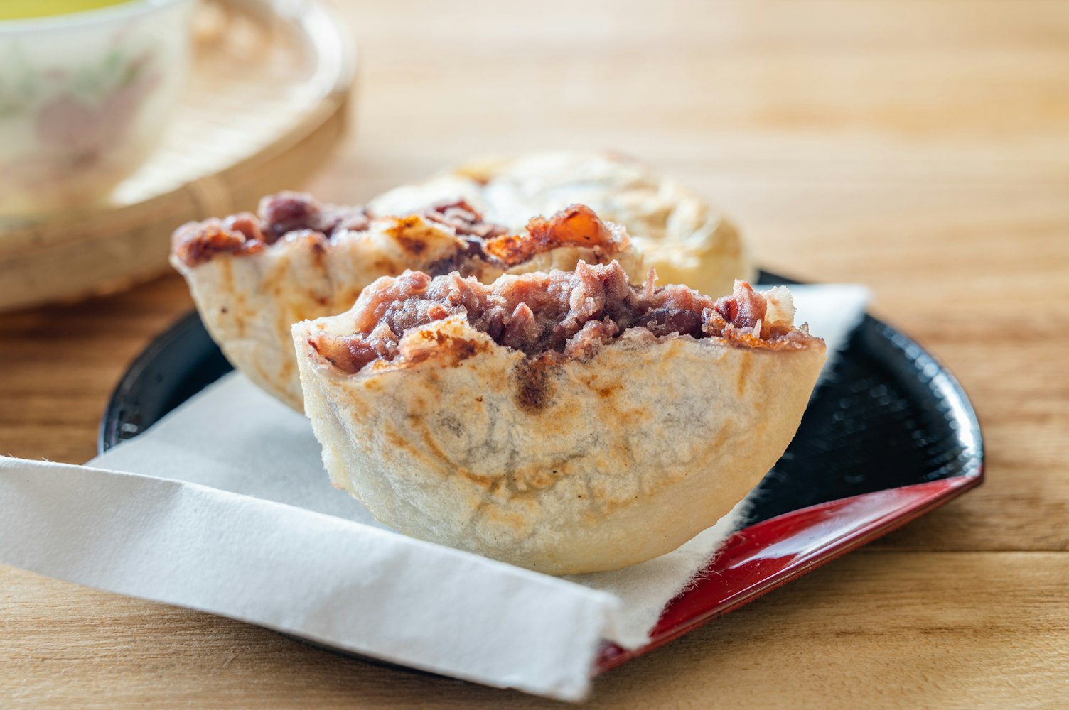 Dazaifu's specialty, Umegae Mochi, split in half Dazaifu's specialty, Umegae Mochi, split in half