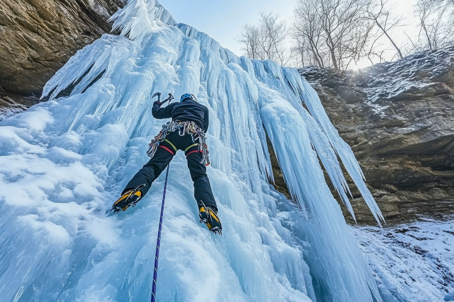 Adventurous ice climber ascends a majestic frozen waterfall, using ice axes and crampons.