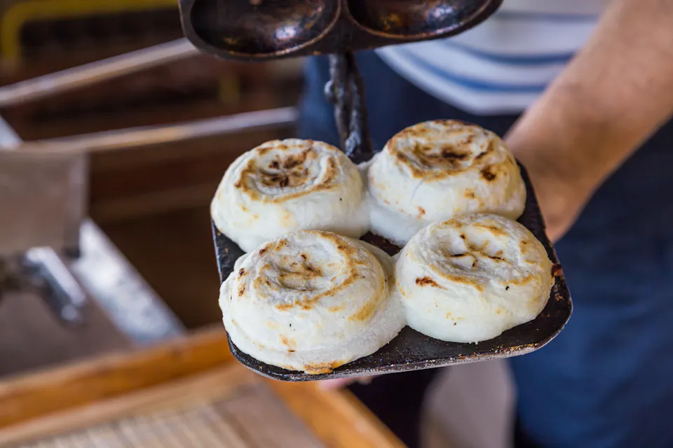 Freshly cooked traditional umegae mochi in dazaifu