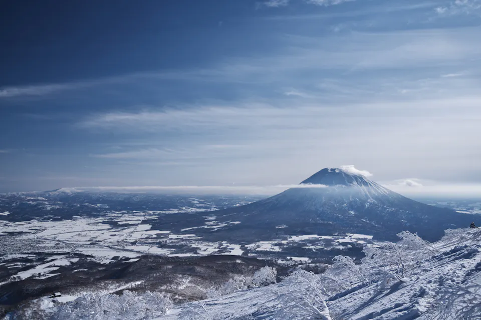 View of Mt. Yotei from near the summit of Mt. Niseko Annupuri in the depths of winter