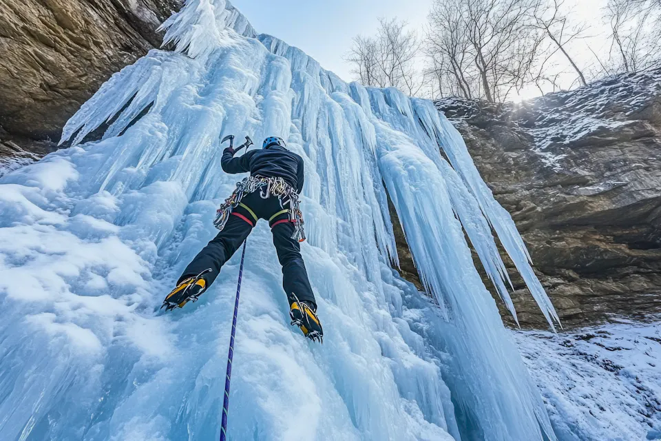 Adventurous ice climber ascends a majestic frozen waterfall, using ice axes and crampons.