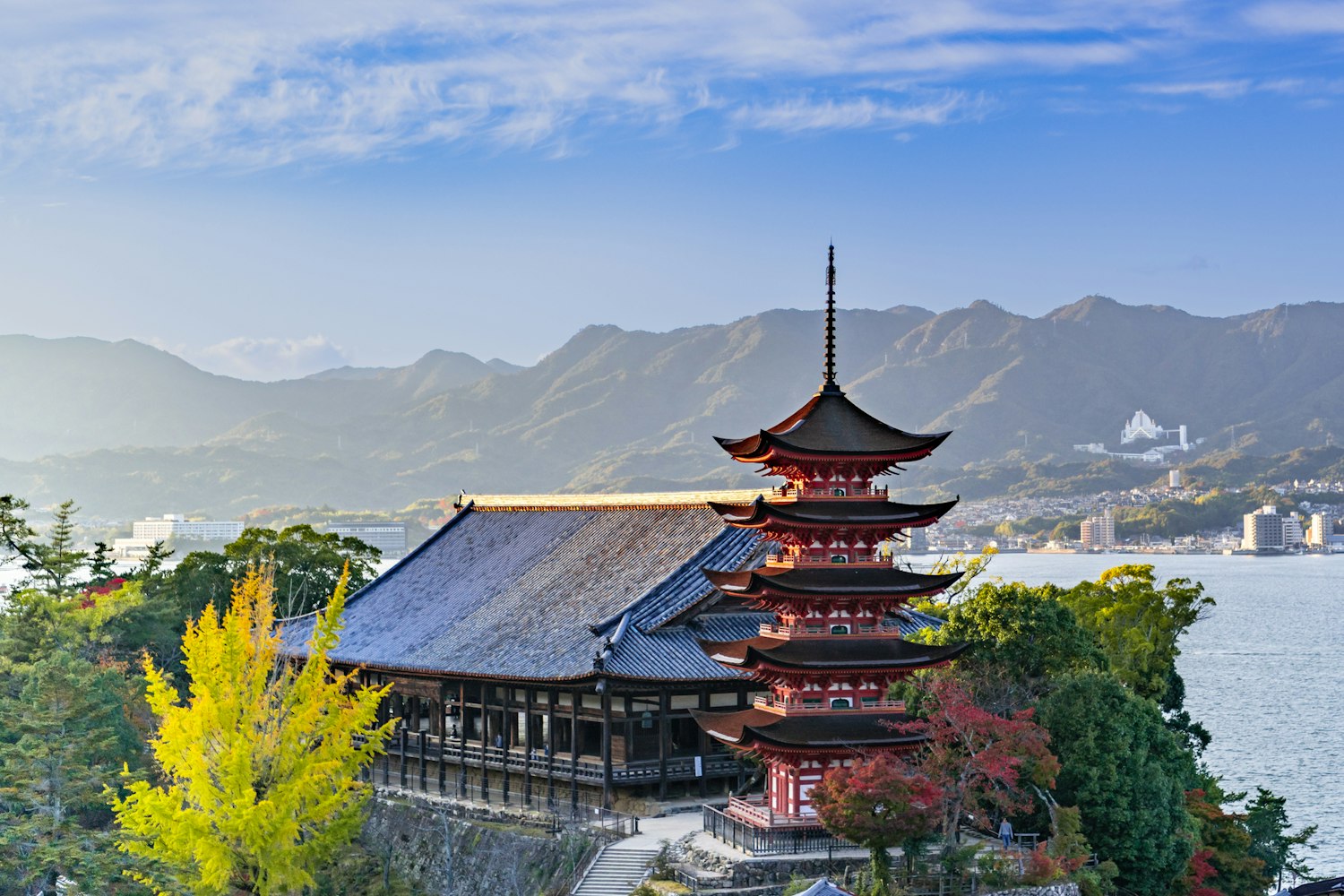 Five-storied pagoda and autumn leaves of Miyajima, a World Heritage Site