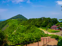 A scenic view of a lush green mountain under a blue sky, with a path and steps leading towards trees and a small building on the right. Shrubs and vibrant greenery surround the area.