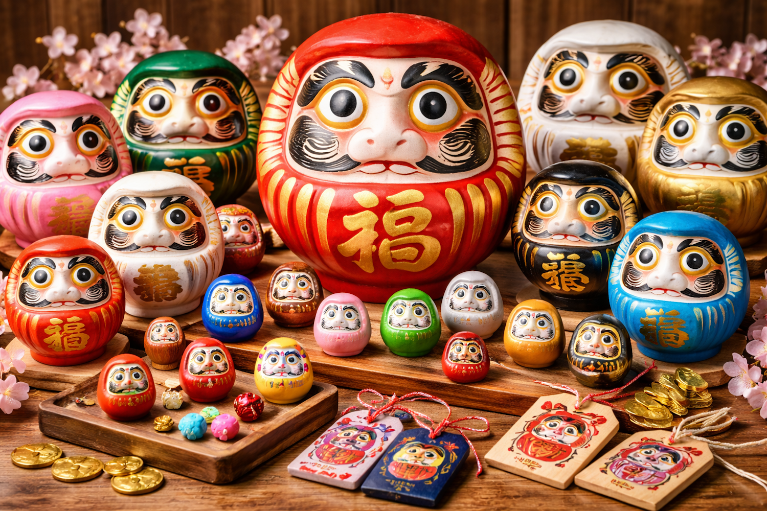 Colorful Daruma dolls representing luck and perseverance