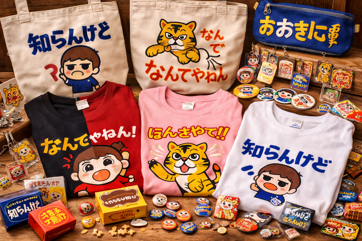 Kansai-dialect merchandise featuring playful phrases and designs inspired by Osaka’s lively local language