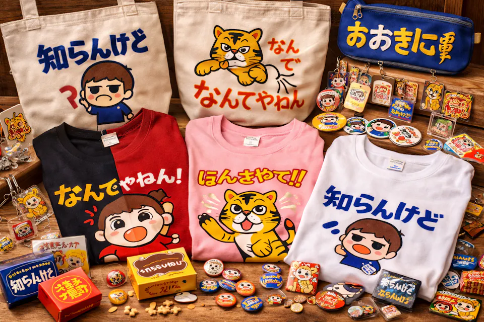 Kansai-dialect merchandise featuring playful phrases and designs inspired by Osaka’s lively local language