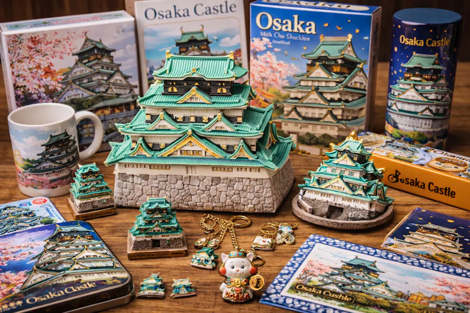 Osaka Castle merchandise featuring iconic designs and collectible souvenirs