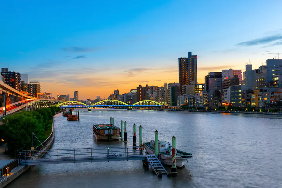 evening scene of Sumida river Yakatabune boats