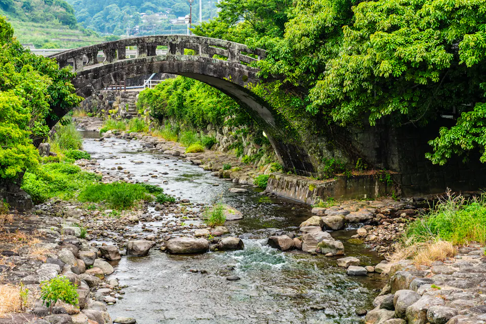 Kanahama Megane Bridge with fresh greenery