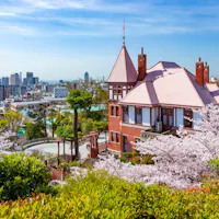 Kazami Chicken House and Sakura in full bloom at Kitano Ijinkan-gai, Chuo-ku, Kobe Kazami Chicken House and Sakura in full bloom at Kitano Ijinkan-gai, Chuo-ku, Kobe