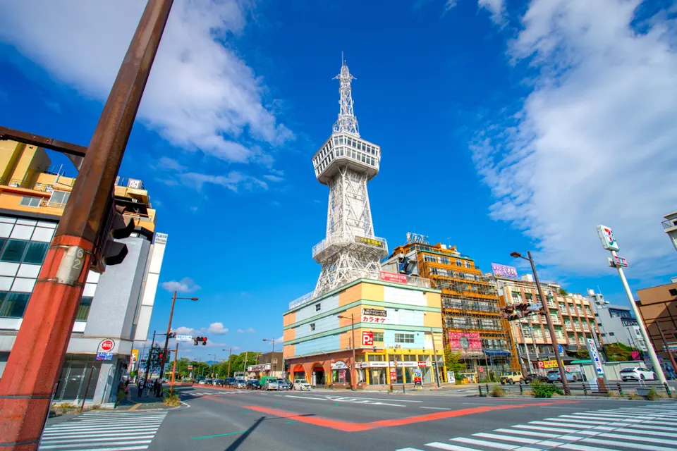 Scene of Beppu tower, a 100-metre-tall (328 ft) lattice tower, now primarily used as TV transmission tower with observation deck