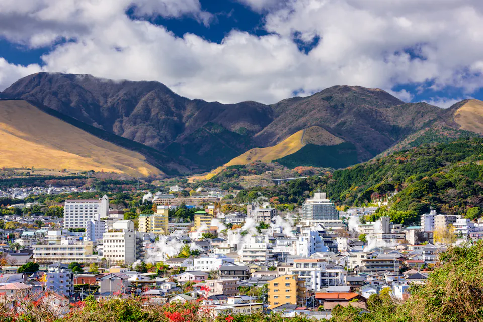 Beppu, Japan cityscape with hot spring bath houses