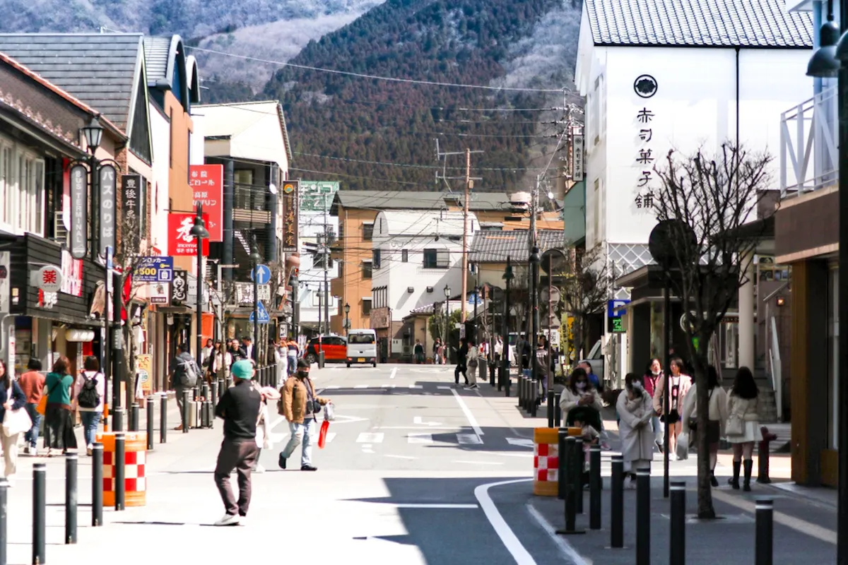 Yufuin Eki Mae, Ekimae Dori Street from Yufuin Station access Yufuin Floral Village Yufuin Eki Mae, Ekimae Dori Street from Yufuin Station access Yufuin Floral Village