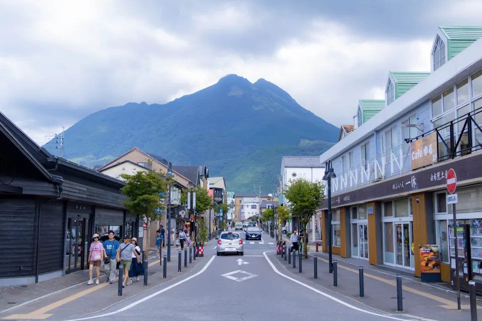 Yufuin town, with Mt. Yufu rising gracefully in the background