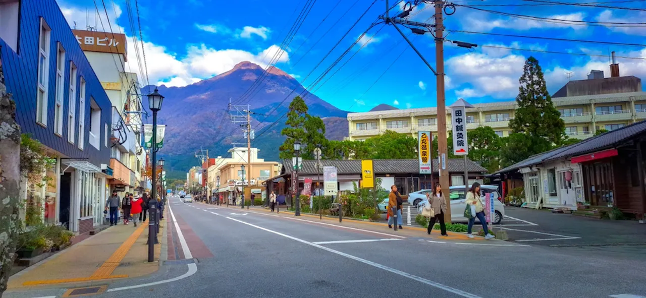 Scene of Yufuin, a town in Oita Prefecture located in a green valley beneath the spectacular Mount Yufu
