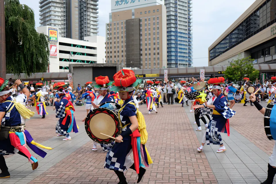 Sansa Odori Festfval with traditional dance and music performance on the square in front of the Morioka train station