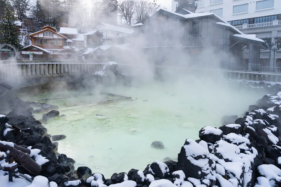 Kusatsu Onsen's hot spring fields in winter