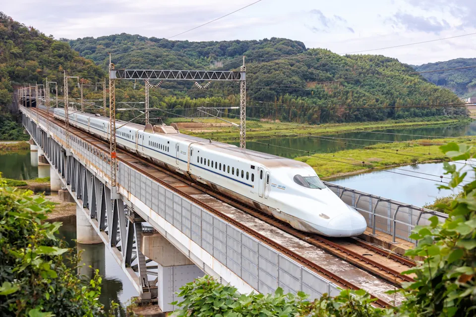 Shinkansen N700 high-speed train operated by Japan Rail JR West on Sanyo Shinkansen line in Kurashiki