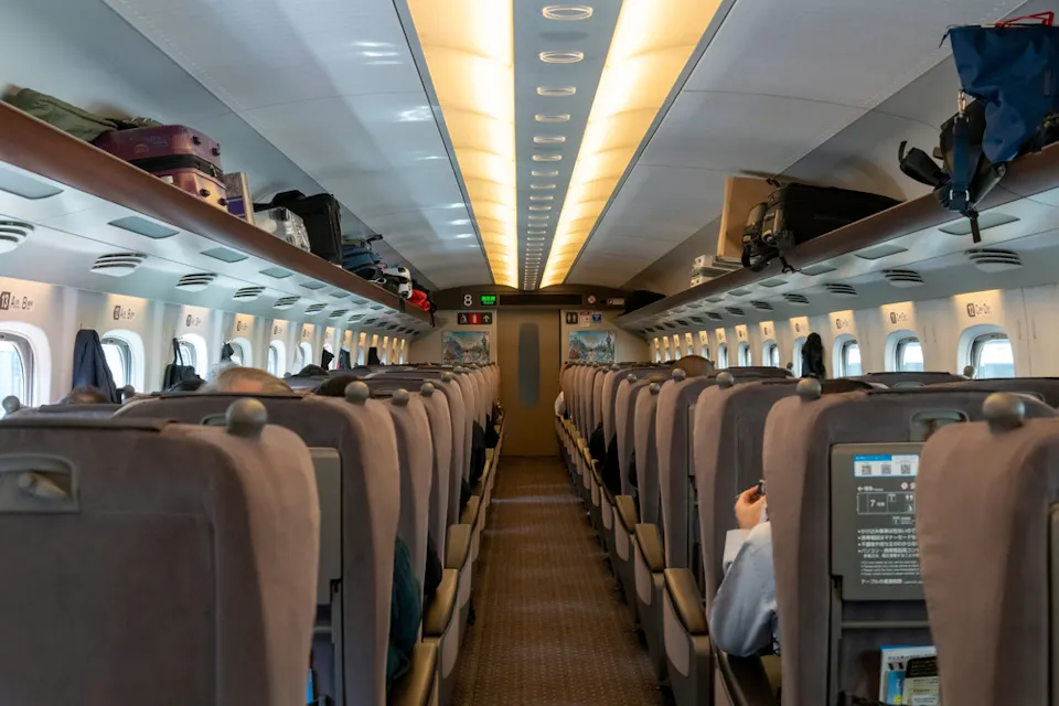 Interior view of the Green Car cabin of the Shinkansen high speed train