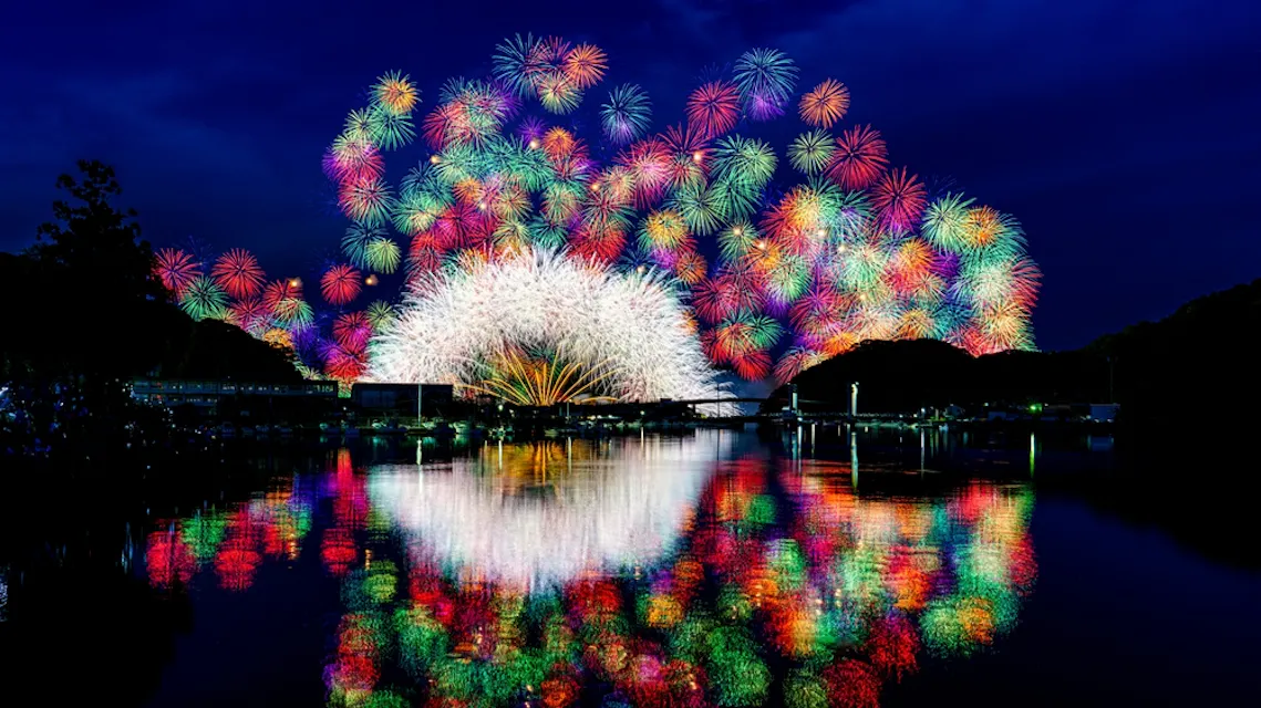 纪北灯笼节上绚丽的烟花,背景为夜晚的蓝色天空 纪北灯笼节上绚丽的烟花,背景为夜晚的蓝色天空