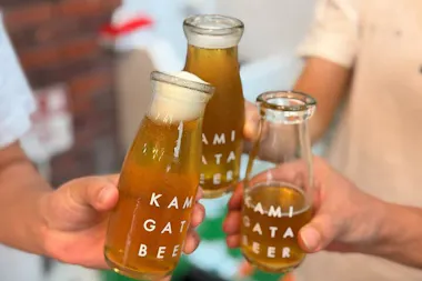 Close-up of hands toasting Kamigata Beer bottles and glasses on the Osaka craft beer tour