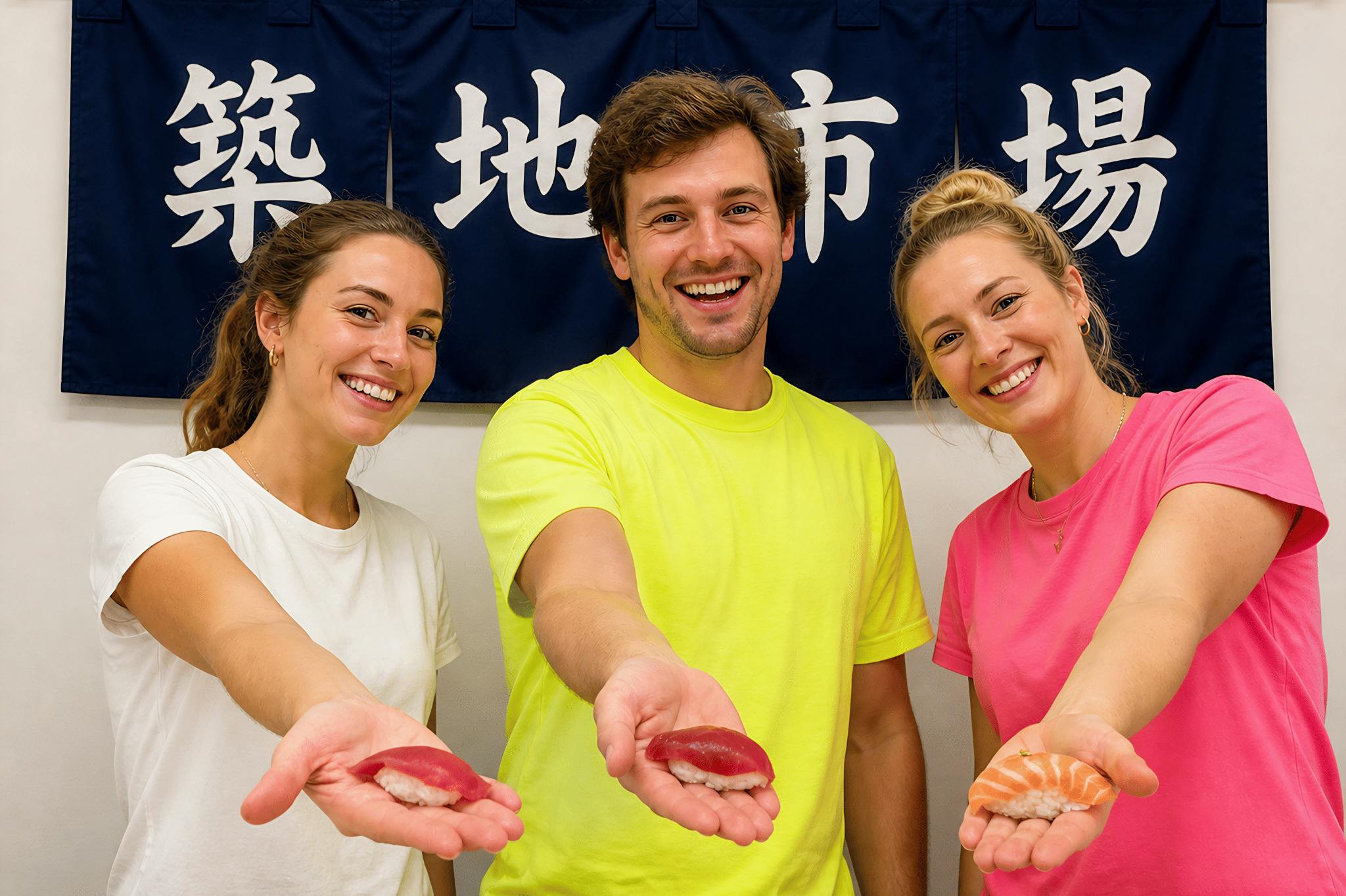 Three smiling travelers holding pieces of nigiri under a Tsukiji Market banner