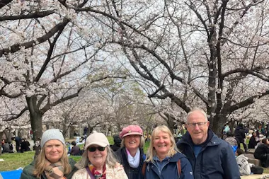 Five travelers smiling beneath a dense cherry blossom canopy in an Osaka park on a hanami tour