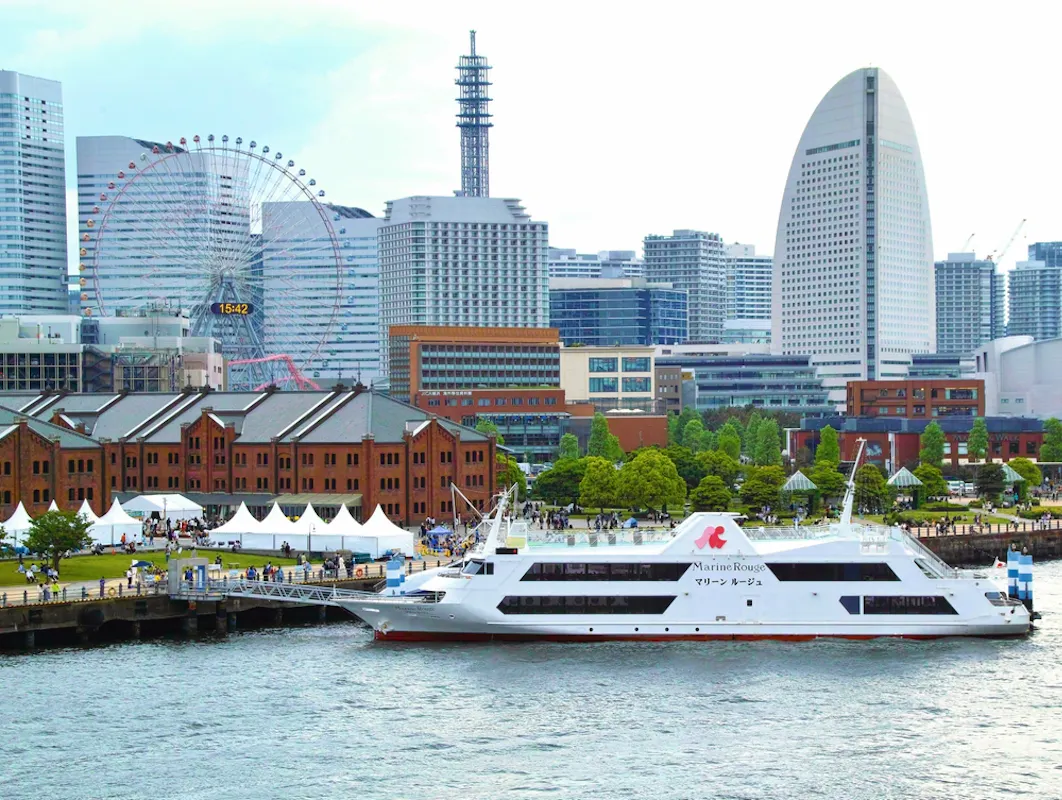 A View of the "Minato Mirai 21" Area with "Marine Rouge," a Restaurant Ship, in the Port