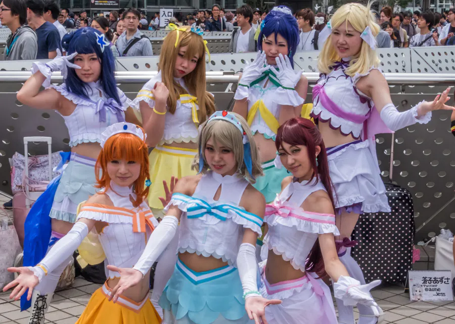 Cosplayers at Comiket, the world's largest 'dojinshi' or fan made self-published works fair in Japan