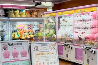 Crane game machines filled with Pokemon and character plushies