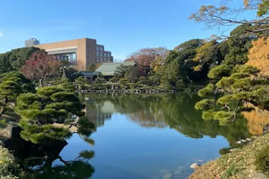 Pine trees and autumn color around the pond at Kiyosumi Gardens