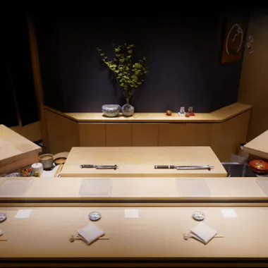 An omakase sushi counter. Empty omakase sushi counter set for diners