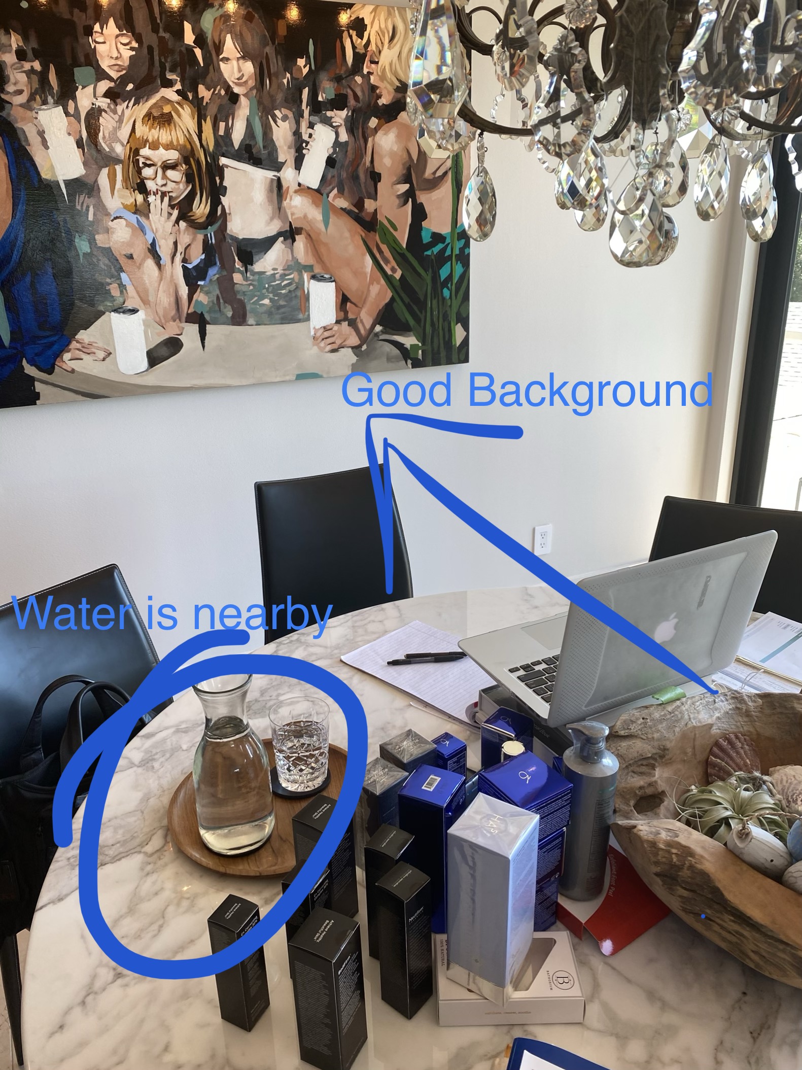 Demonstrating good background for virtual consult with water nearby