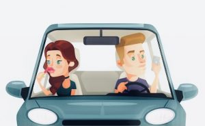 Cartoon illustration of man and woman driving in a car