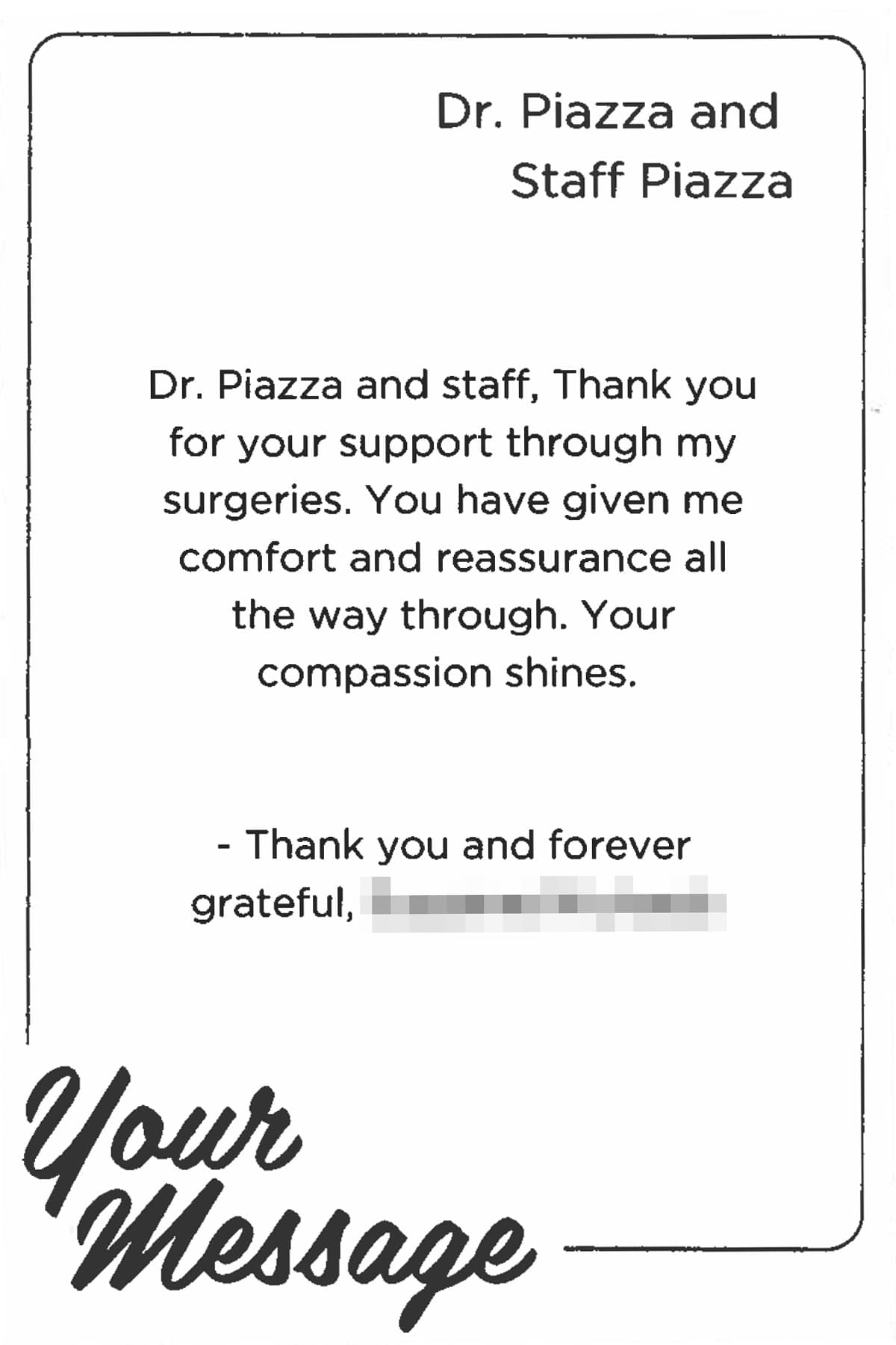 thank you letter to The Piazza Center