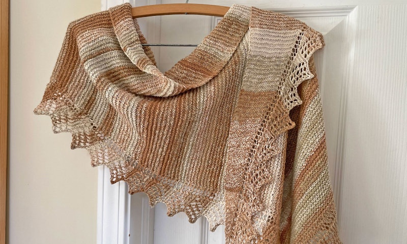 Brown and white garter-stitch cotton shawl