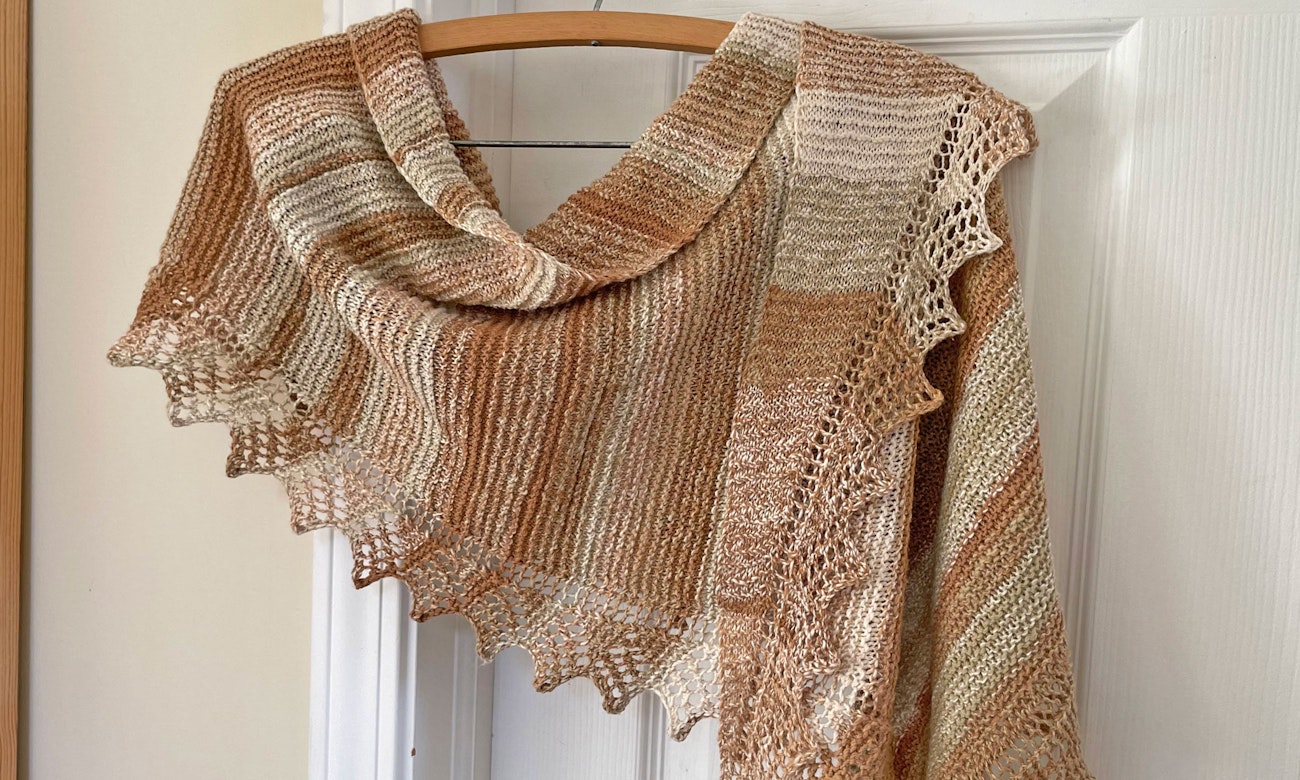 Brown and white garter-stitch cotton shawl