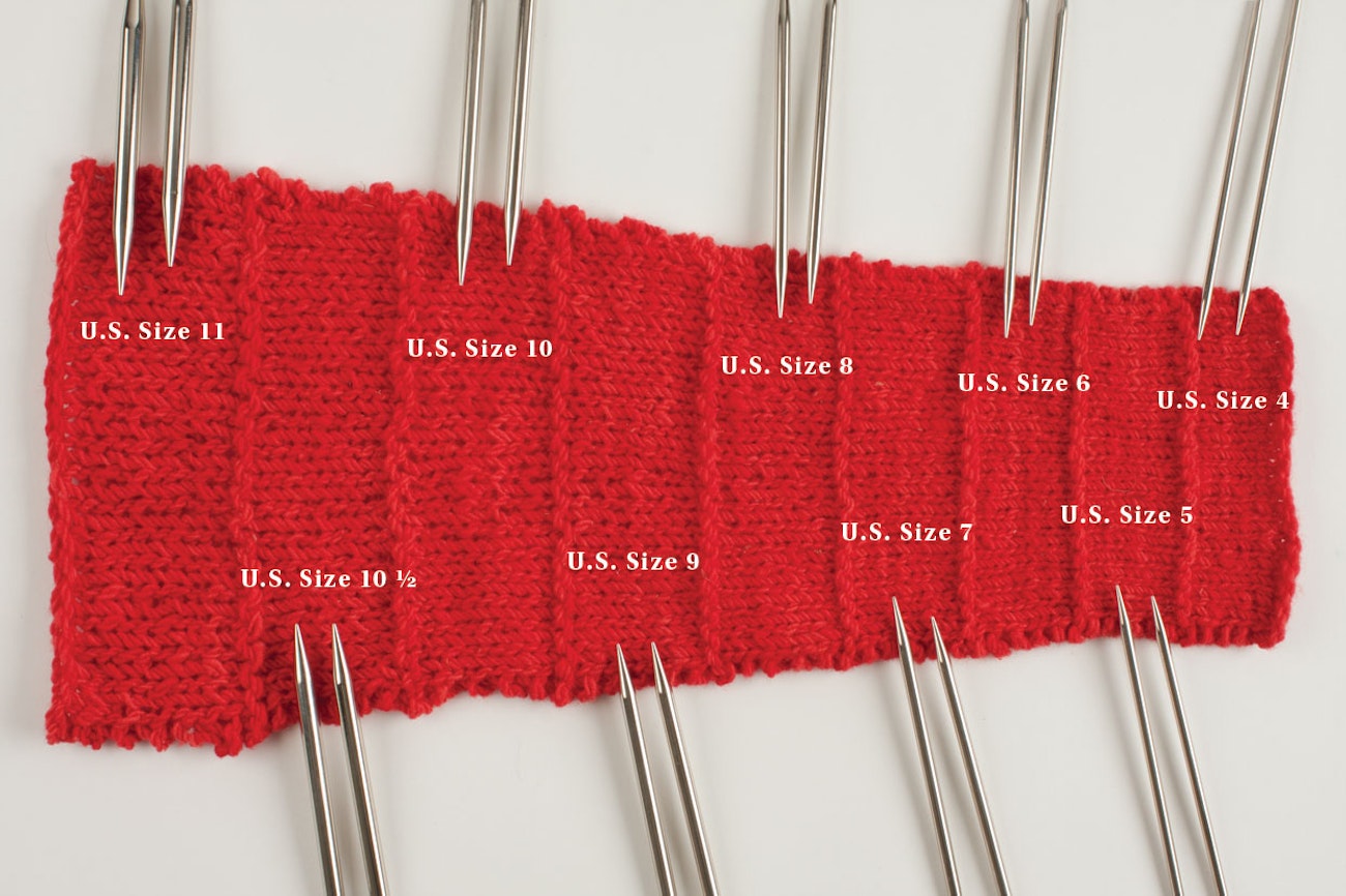 This swatch shows the effect of needle size on knitting gauge. Each purl row marks a change to the next size needle. Photo by Joe Coca