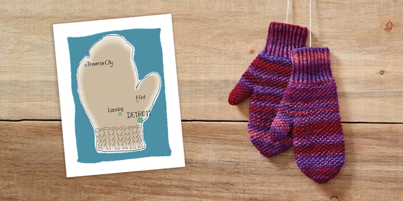 Left: drawing of the state of Michigan in the shape of a mitten; right: a pair of red, pink, and purple handknitted mittens