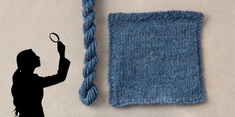 Drawing of woman with magnifying glass, blue skein, blue knitted swatch