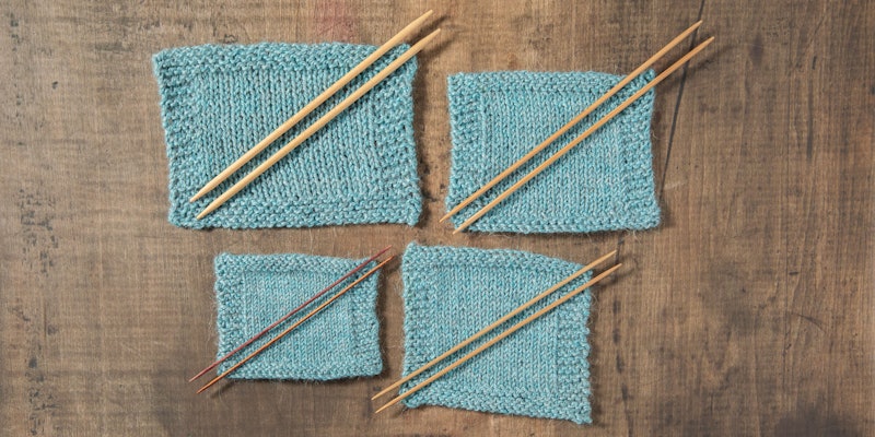 Four aqua swatches with double-pointed needles