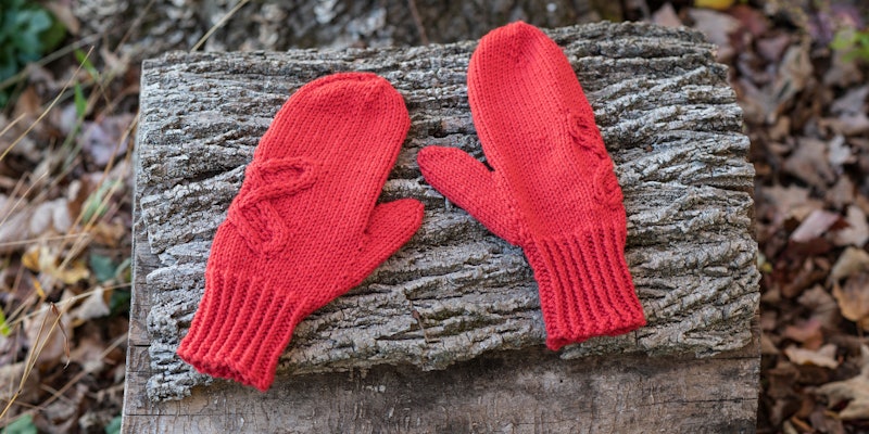 Two red mittens on a log
