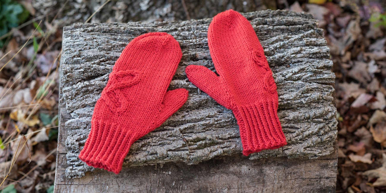 Two red mittens on a log