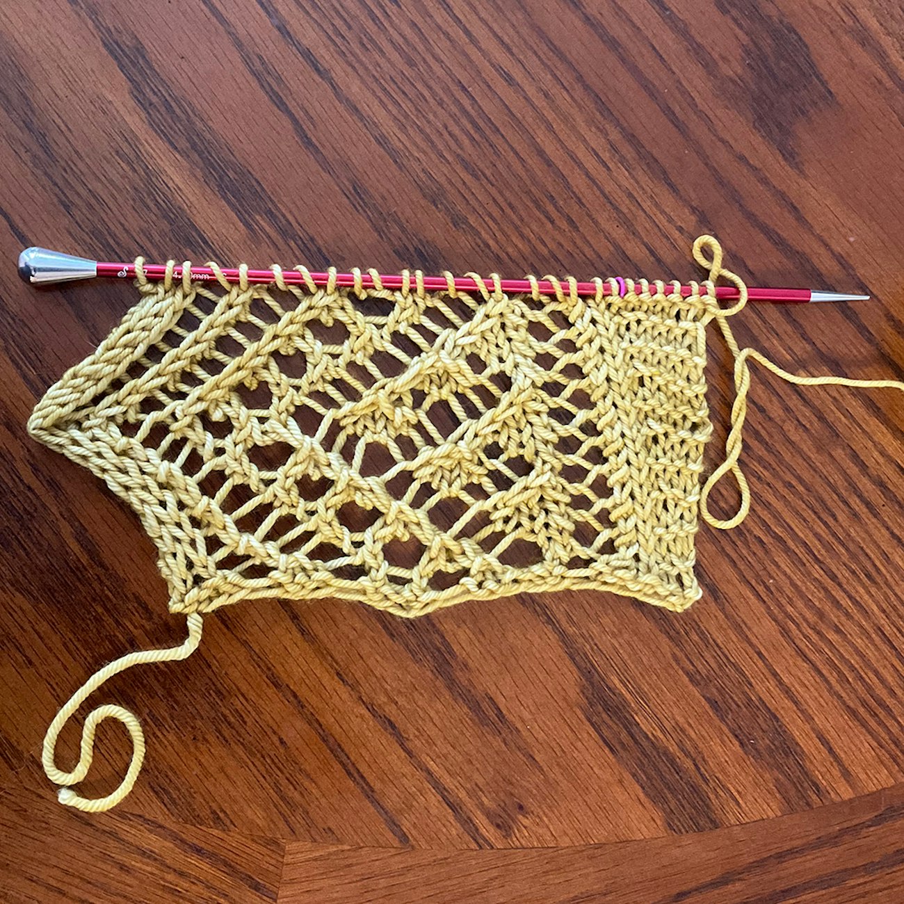 Repeat of lace knitting in gold yarn on red needle